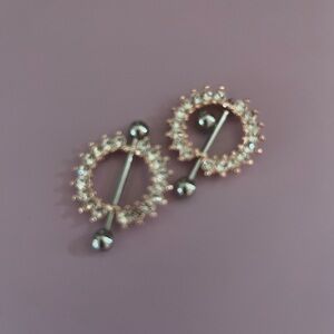 Rose Gold Crystal Circle Nipple Barbells - Women Jewelry